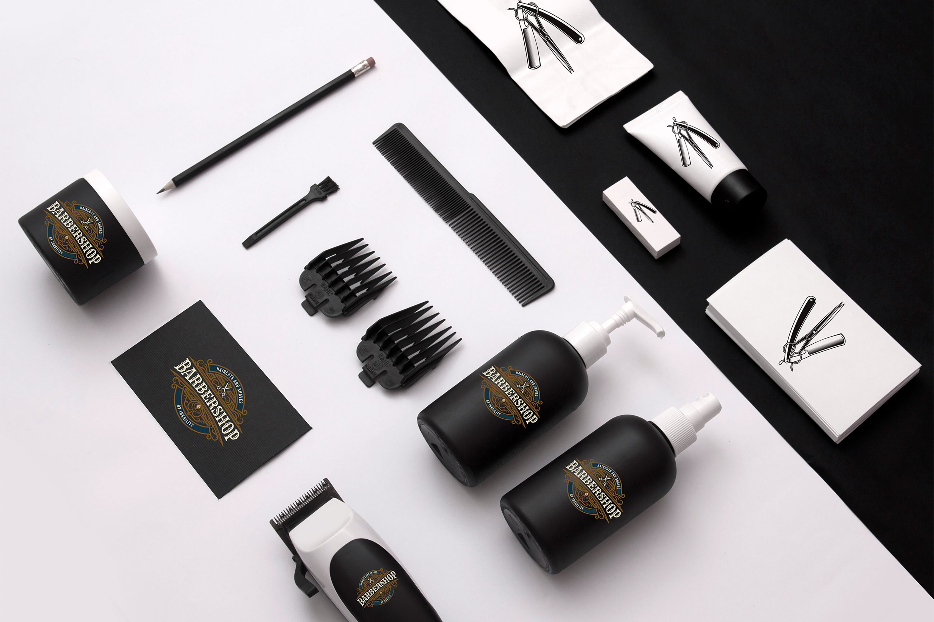 Barbershop by Inkgility client identity system: vintage crest wordmark applied on hair pomade container, business cards, spray and pump bottles, comb, clippers, tube, small package, and paper wraps against black and white staging
