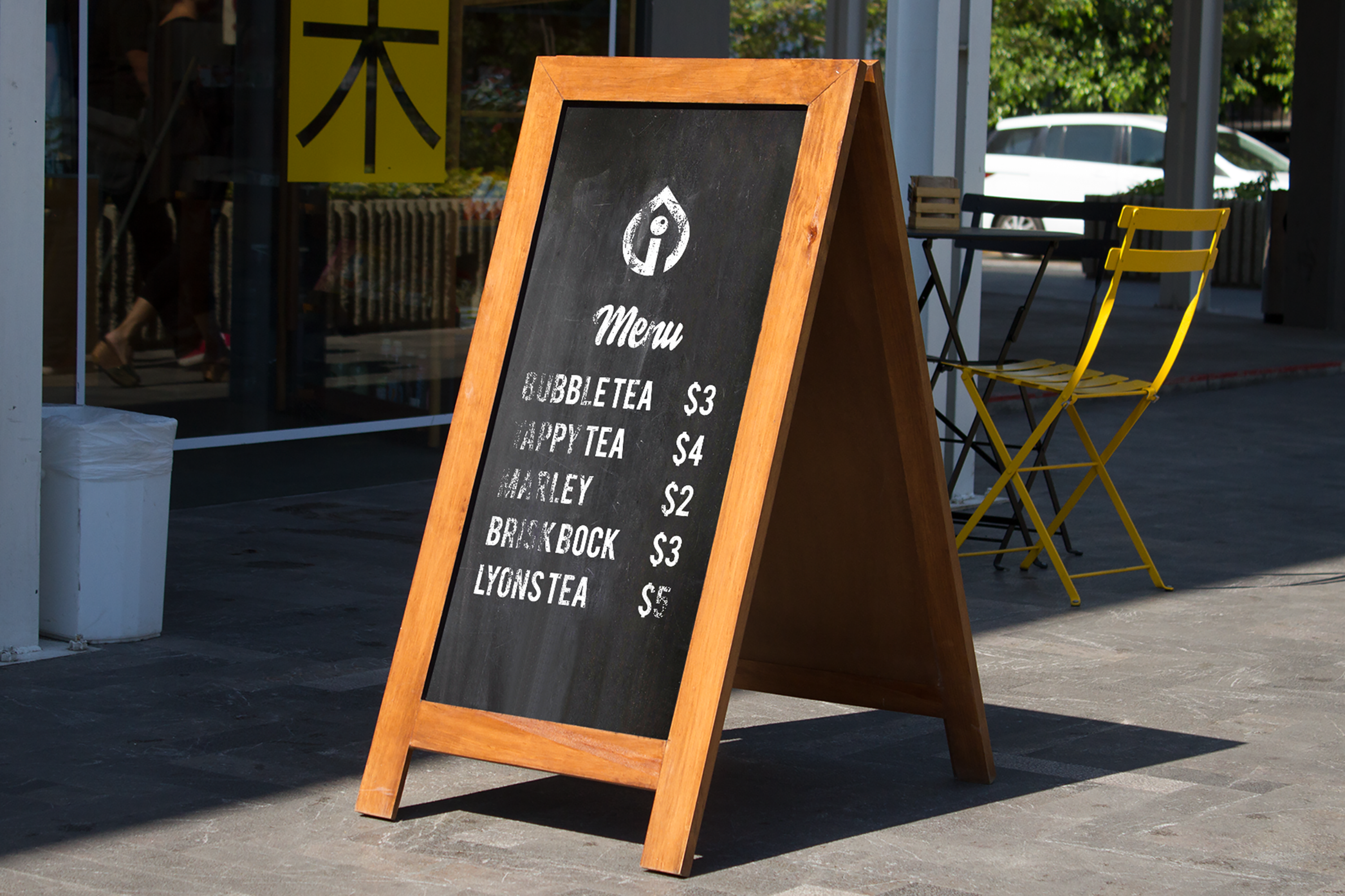 Inkgility branded chalkboard signs mockup: sandwich board or wall mounted chalkboard with brand lockup and hand lettered messaging