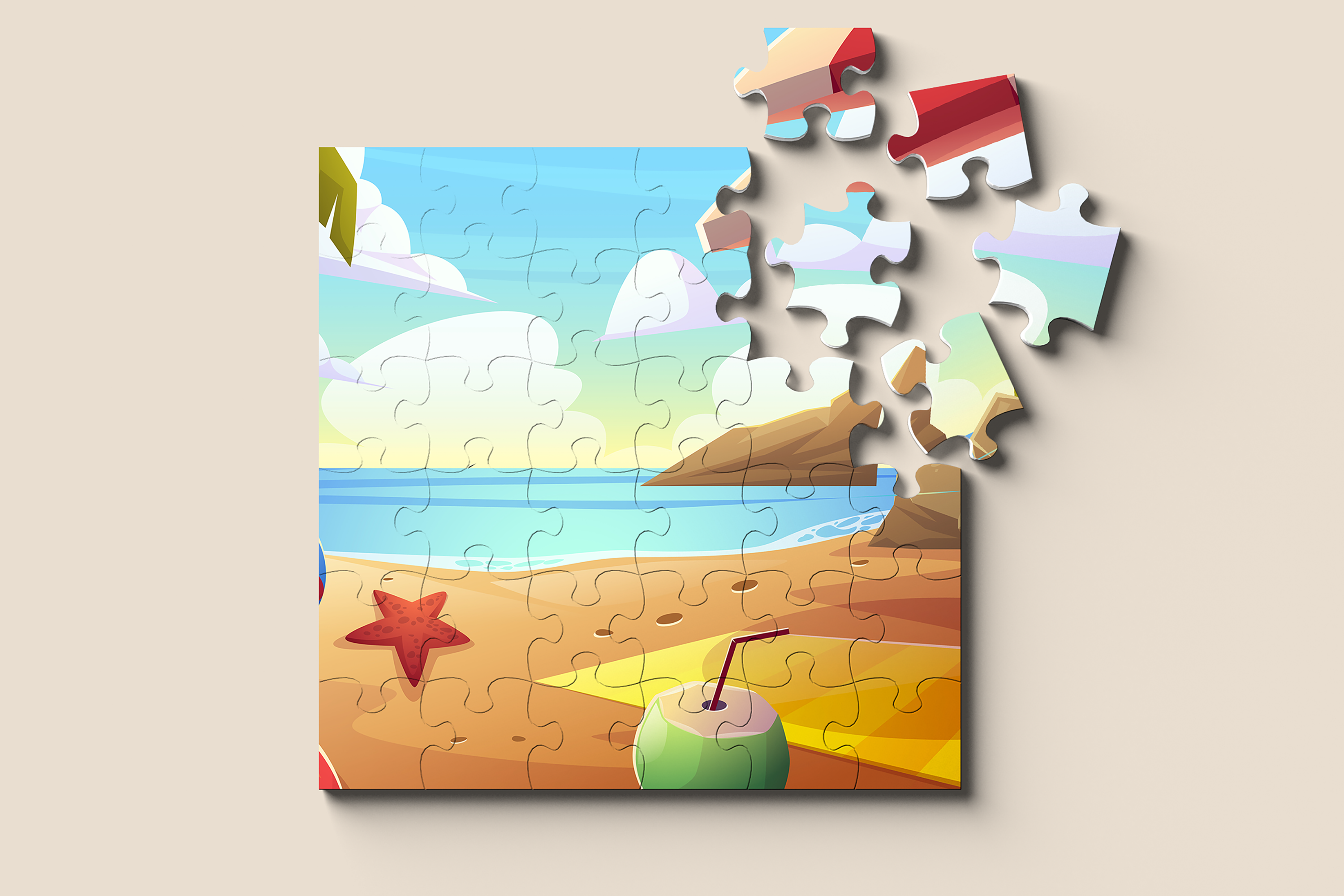 Inkgility branded puzzle mockup: boxed jigsaw puzzle with the brand identity on the box and completed puzzle image