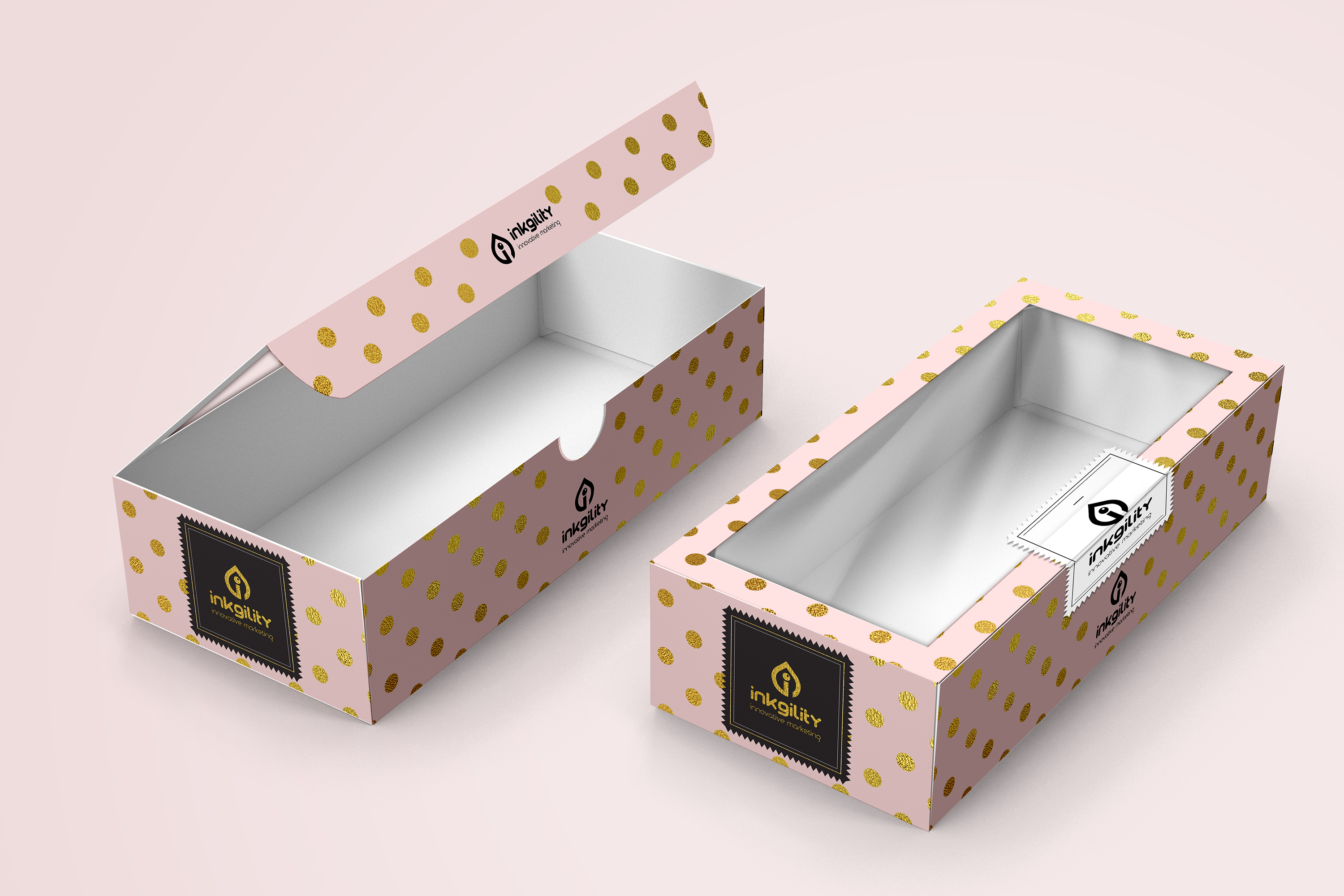 Inkgility branded chocolate bar packaging: multiple pink, cream, and teal wrappers with hand drawn cacao pod illustrations alternating with an unwrapped chocolate bar, laid out on a two tone geometric ground
