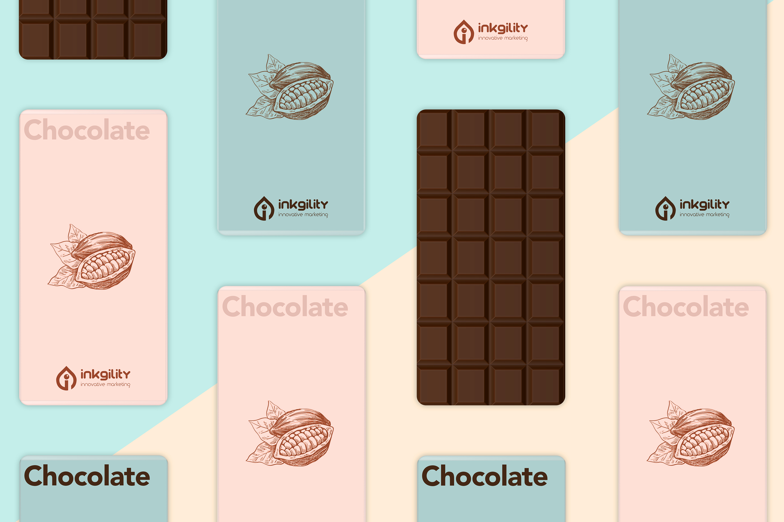 Inkgility branded gift box packaging on a light pink ground: two boxes shown open and closed, blush pink surfaces with metallic gold polka dot pattern and black square Inkgility wordmark label