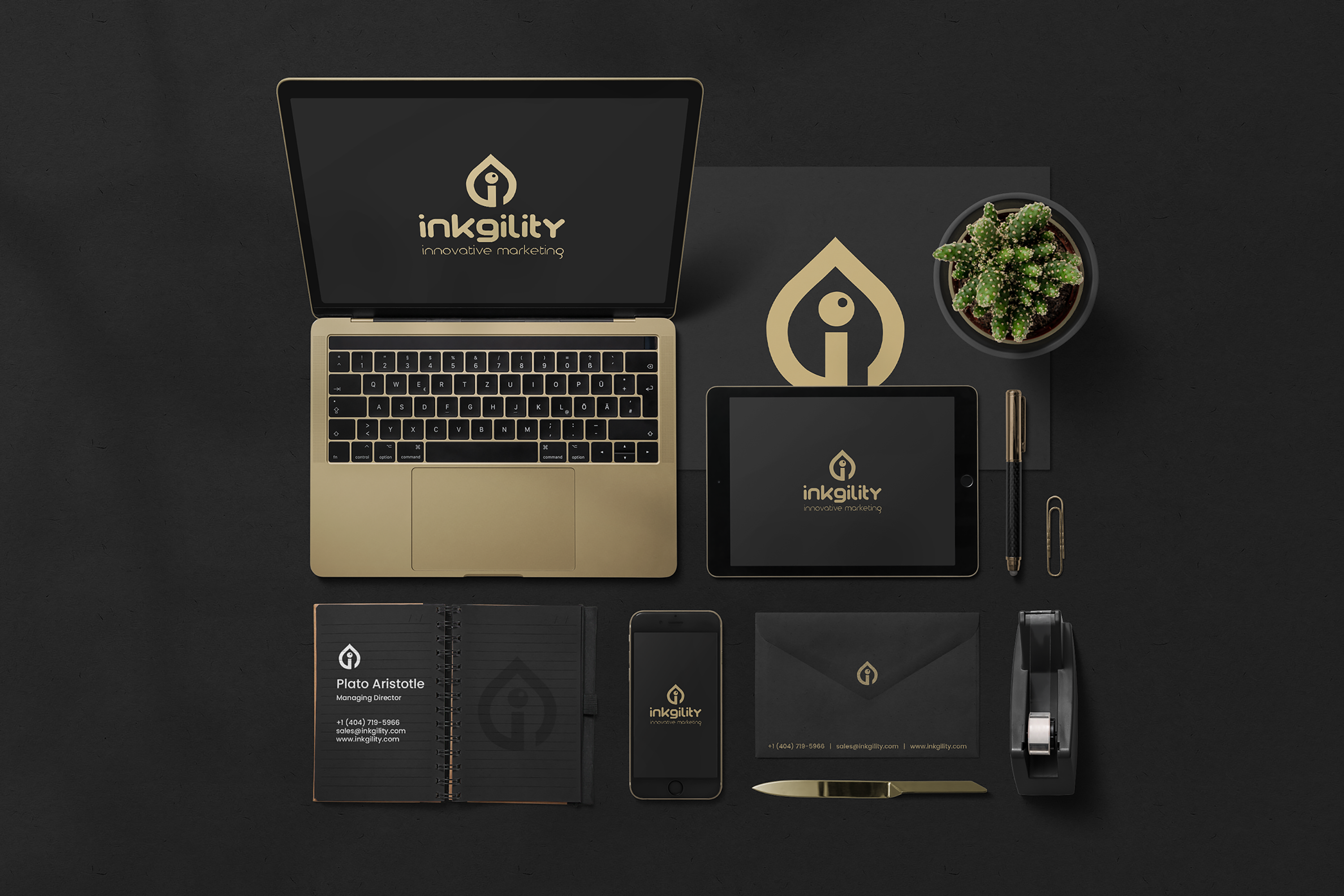 Inkgility holographic gradient stationery system on charcoal background: notebook with world map imagery, envelope with gradient flap, box, business cards, poster reading The Arte Mode, and pen
