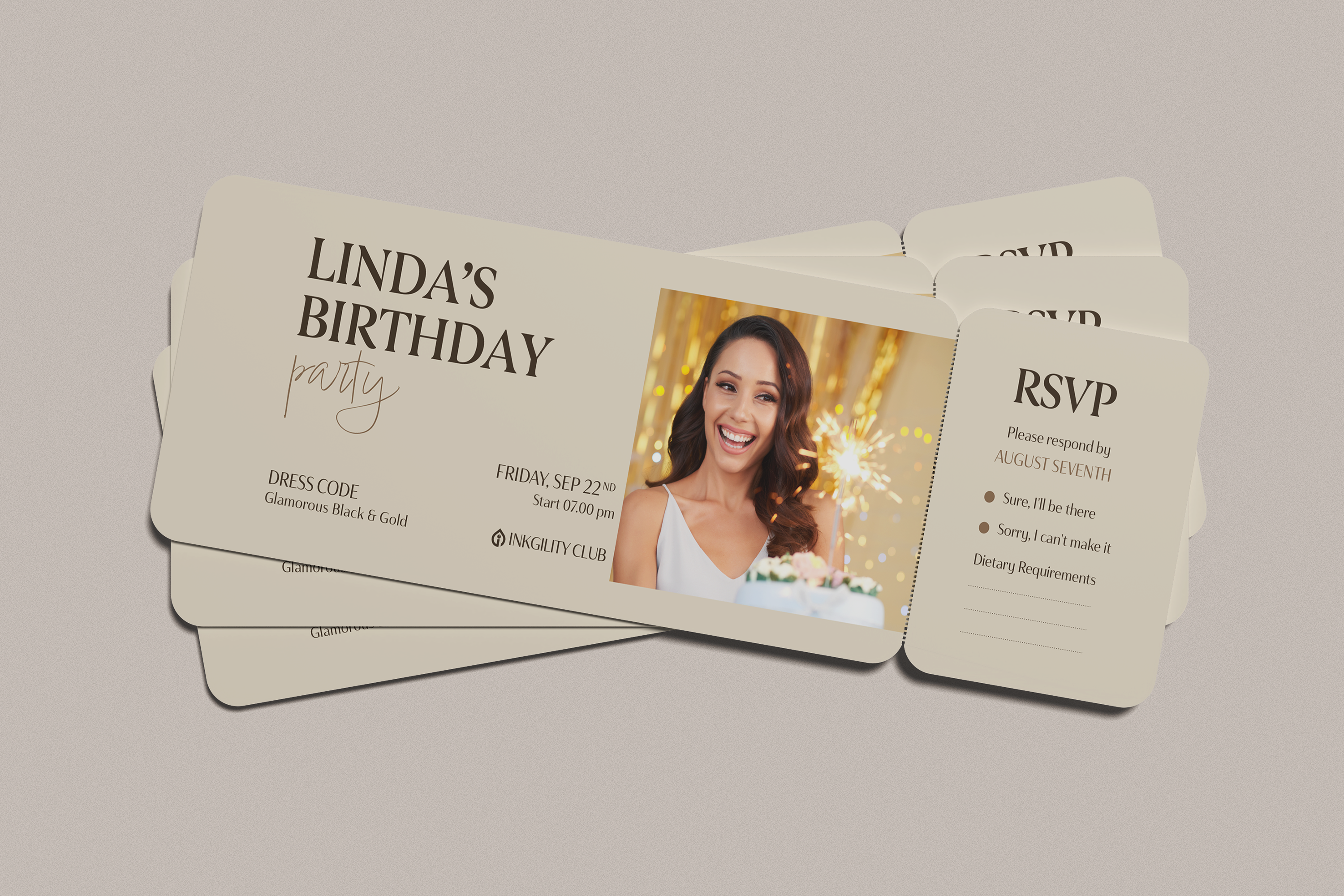 Inkgility birthday party invitation set on grey ground: cream front card with elegant serif Linda's Birthday party plus photo panel and event details, matched with cream RSVP back card
