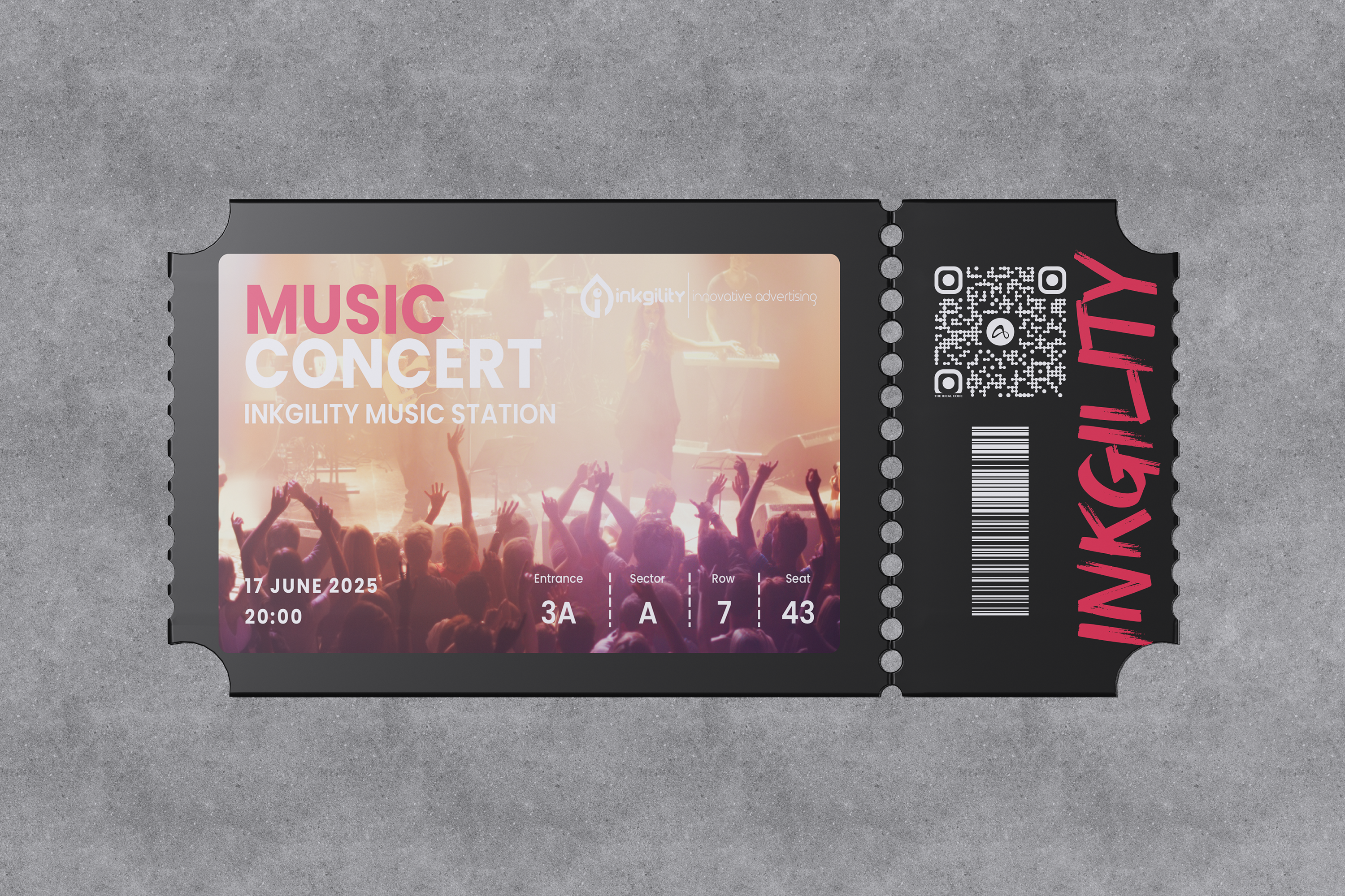 Inkgility Music Concert perforated ticket on textured grey ground: concert photo panel with hands raised toward stage, QR code, barcode, seat and row details, and vertical INKGILITY wordmark on the stub