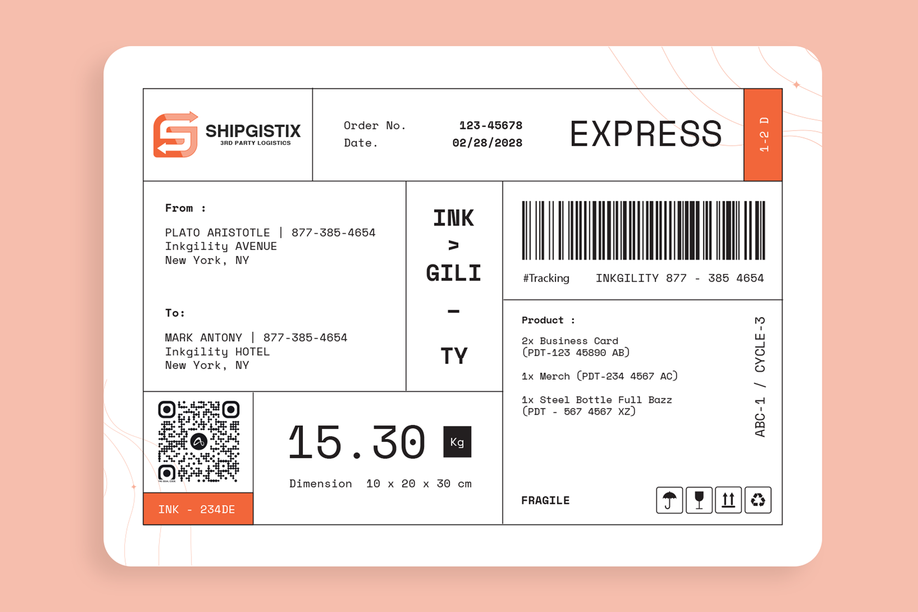 Inkgility branded shipping and mailing label system: printed adhesive labels for fulfillment, mailing, and shipping use